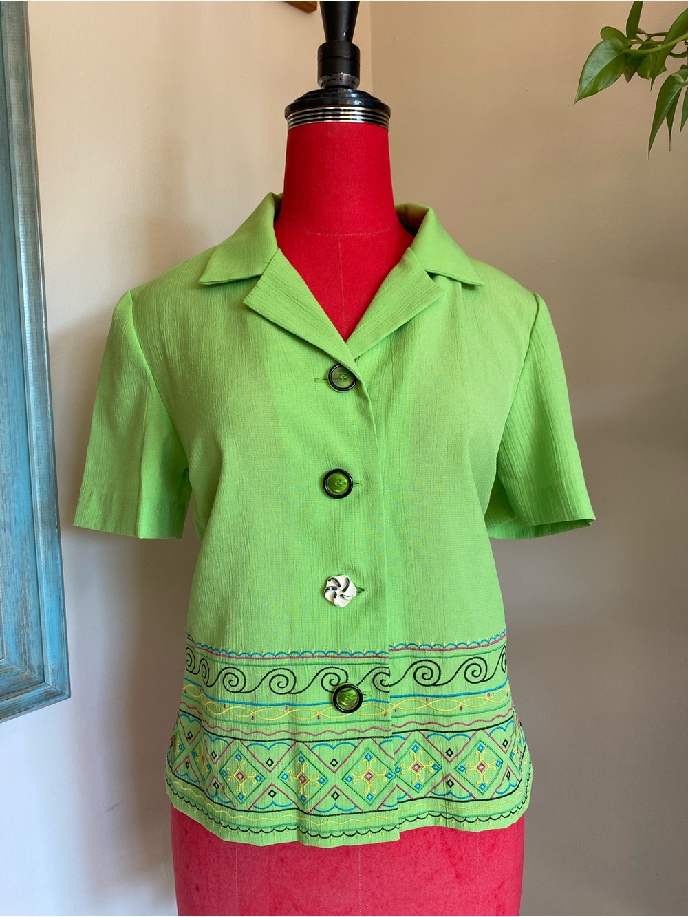 Bright Green Short-Sleeve Embroidered Shirt